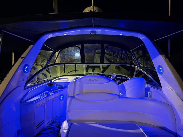 Boat cabin glowing with blue lighting