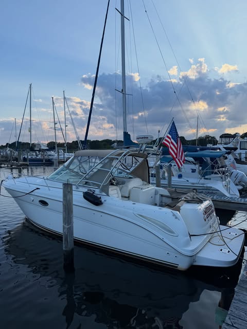 Boat at the dock at sunset on Long Island